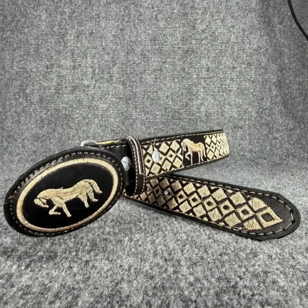 Kids Western Leather Belt Brown Size 24 6-8 Years Embroidered Horse Belt Buckle